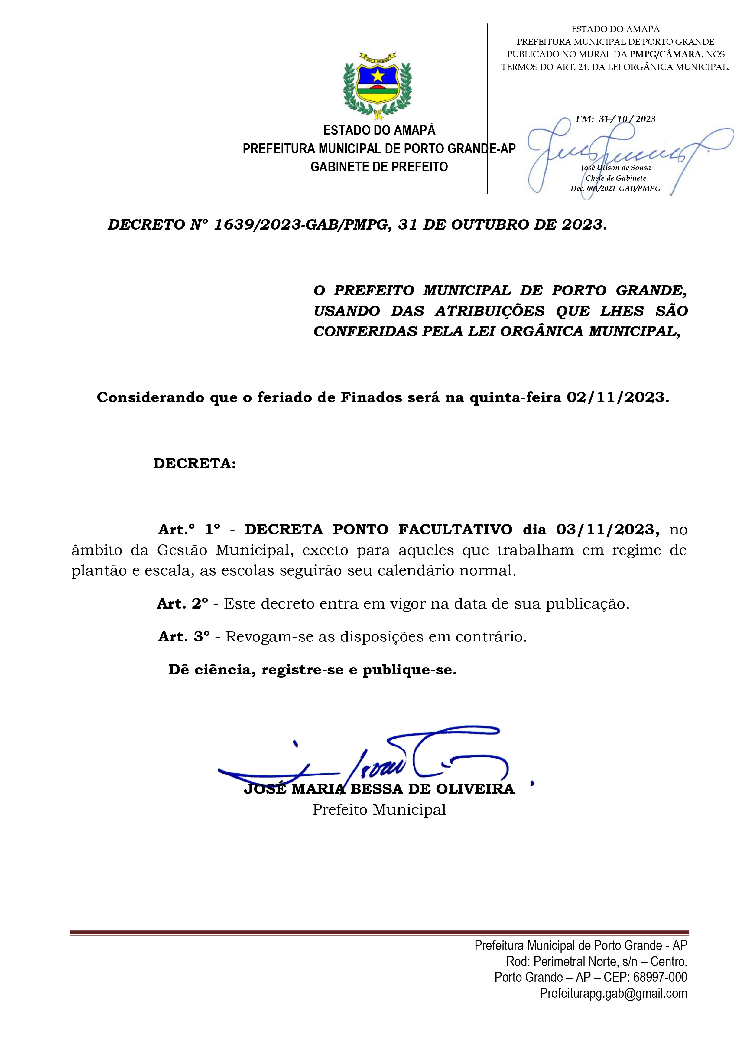 DECRETO Nº 1639/2023-GAB/PMPG